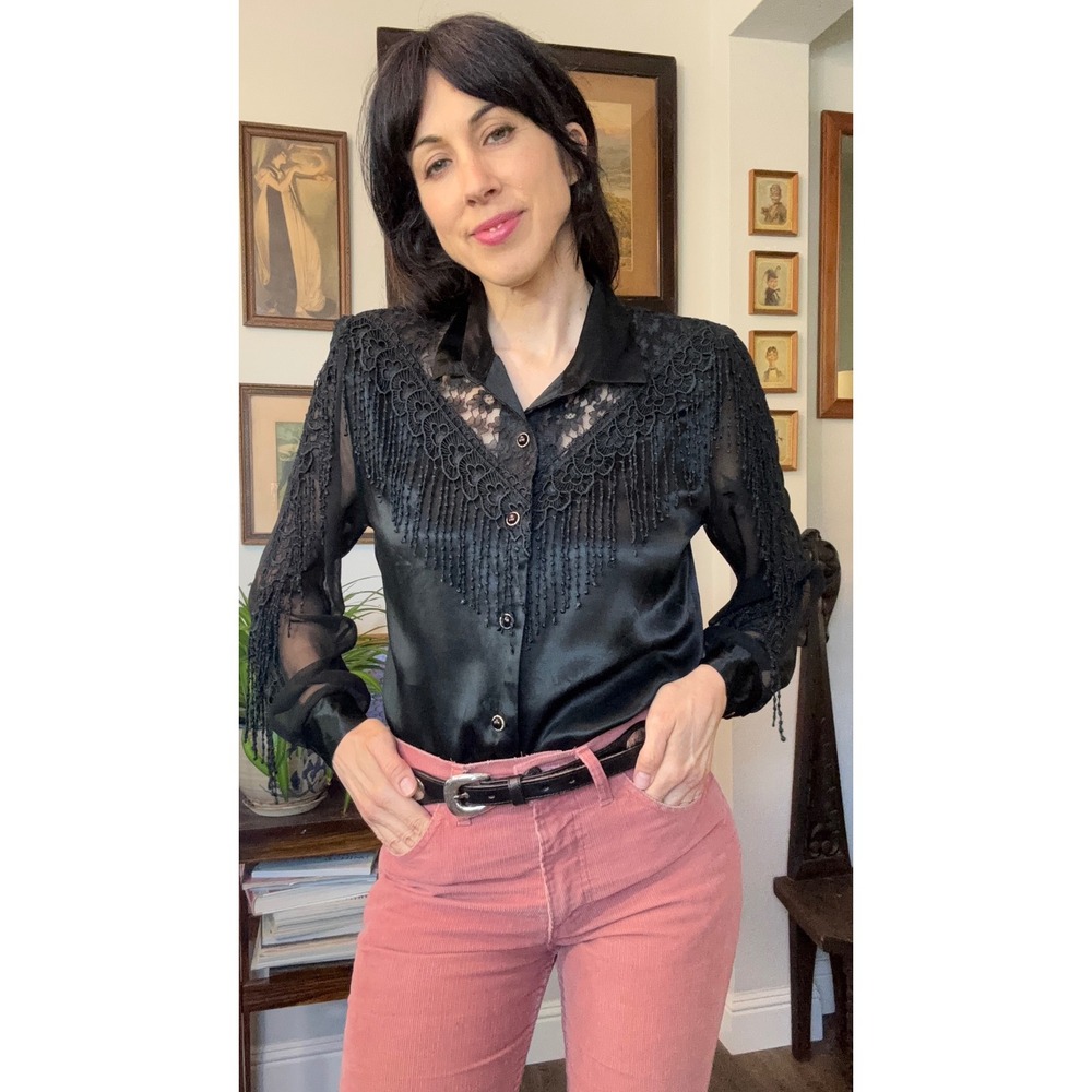 Vintage 90s Black Satin Western Lace Fringe Blouse Sheer Mesh Sleeve lace detail